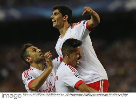 UEFA Champions League 2015 2016 match played between Atletico Madrid and Benfica Lisbon. In this picture, Guedes celebrates second goal for Benfica. x 