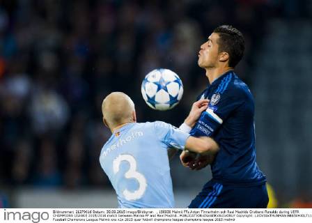 , 150930 Malmö FFs Anton Tinnerholm och Real Madrids Cristiano Ronaldo during UEFA CHAMPIONS LEAGUE 2015 2016 match between Malmö FF and Real Madrid.. Copyright: LUDVIGxTHUNMAN BB150930LT113