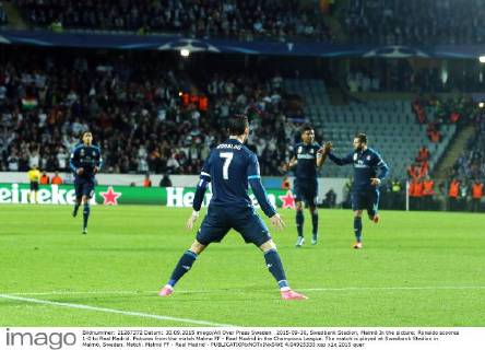 2015-09-30, Swedbank Stadion, Malmö In the picture: Ronaldo scoores 1-0 to Real Madrid. Pictures from the match Malmo FF - Real Madrid in the Champions League. The match is played at Swedbank Stadion in Malmö, Sweden. Match: Malmö FF - Real Madrid - 4.04925333
