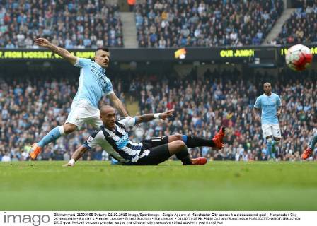 Sergio Aguero of Manchester City scores his sides second goal - Manchester City vs Newcastle - Barclay s Premier League - Etihad Stadium - Manchester - 01 10 2015 Pic Philip Oldham SportImage EDITORIAL USE ONLY. No use with unauthorised audio, video, data, fixture lists, club league logos or live services. Online in-match use limited to 120 images, no video emulation. No use in betting, games or single club league player publications.