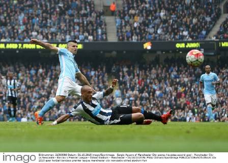 Sergio Aguero of Manchester City scores his sides second goal - Manchester City vs Newcastle - Barclay s Premier League - Etihad Stadium - Manchester - 01 10 2015 Pic Philip Oldham SportImage EDITORIAL USE ONLY. No use with unauthorised audio, video, data, fixture lists, club league logos or live services. Online in-match use limited to 120 images, no video emulation. No use in betting, games or single club league player publications.