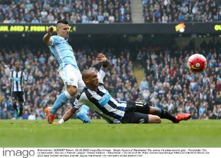 Sergio Aguero of Manchester City scores his sides second goal - Manchester City vs Newcastle - Barclay s Premier League - Etihad Stadium - Manchester - 01 10 2015 Pic Philip Oldham SportImage EDITORIAL USE ONLY. No use with unauthorised audio, video, data, fixture lists, club league logos or live services. Online in-match use limited to 120 images, no video emulation. No use in betting, games or single club league player publications.