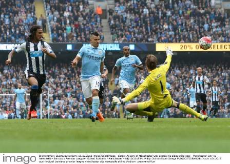 Sergio Aguero of Manchester City scores his sides third goal - Manchester City vs Newcastle - Barclay s Premier League - Etihad Stadium - Manchester - 01 10 2015 Pic Philip Oldham SportImage EDITORIAL USE ONLY. No use with unauthorised audio, video, data, fixture lists, club league logos or live services. Online in-match use limited to 120 images, no video emulation. No use in betting, games or single club league player publications.