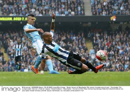Sergio Aguero of Manchester City scores his sides second goal - Manchester City vs Newcastle - Barclay s Premier League - Etihad Stadium - Manchester - 01 10 2015 Pic Philip Oldham SportImage EDITORIAL USE ONLY. No use with unauthorised audio, video, data, fixture lists, club league logos or live services. Online in-match use limited to 120 images, no video emulation. No use in betting, games or single club league player publications.