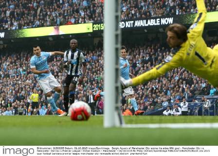 Sergio Aguero of Manchester City scores his sides fifth goal - Manchester City vs Newcastle - Barclay s Premier League - Etihad Stadium - Manchester - 01 10 2015 Pic Philip Oldham SportImage EDITORIAL USE ONLY. No use with unauthorised audio, video, data, fixture lists, club league logos or live services. Online in-match use limited to 120 images, no video emulation. No use in betting, games or single club league player publications.