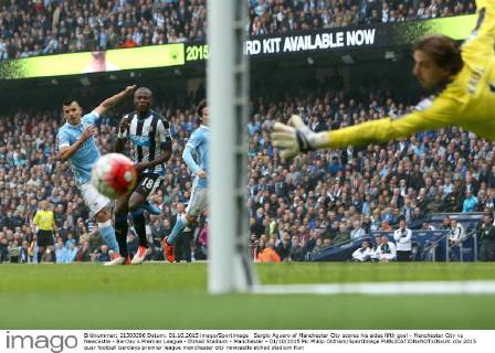 Sergio Aguero of Manchester City scores his sides fifth goal - Manchester City vs Newcastle - Barclay s Premier League - Etihad Stadium - Manchester - 01 10 2015 Pic Philip Oldham SportImage EDITORIAL USE ONLY. No use with unauthorised audio, video, data, fixture lists, club league logos or live services. Online in-match use limited to 120 images, no video emulation. No use in betting, games or single club league player publications.