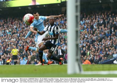 Sergio Aguero of Manchester City scores his sides fifth goal - Manchester City vs Newcastle - Barclay s Premier League - Etihad Stadium - Manchester - 01 10 2015 Pic Philip Oldham SportImage EDITORIAL USE ONLY. No use with unauthorised audio, video, data, fixture lists, club league logos or live services. Online in-match use limited to 120 images, no video emulation. No use in betting, games or single club league player publications.