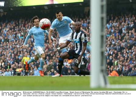Sergio Aguero of Manchester City scores his sides fifth goal - Manchester City vs Newcastle - Barclay s Premier League - Etihad Stadium - Manchester - 01 10 2015 Pic Philip Oldham SportImage EDITORIAL USE ONLY. No use with unauthorised audio, video, data, fixture lists, club league logos or live services. Online in-match use limited to 120 images, no video emulation. No use in betting, games or single club league player publications.