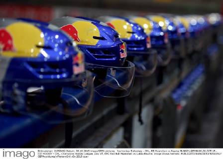 Ice hockey Eishockey - CHL, RB Muenchen vs Rauma MUNICH,GERMANY,06.OCT.15 - ICE HOCKEY - CHL, Champions Hockey League, play off, EHC Red Bull Muenchen vs Lukko Rauma. Image shows helmets. GEPAxpictures xFlorianxErtl