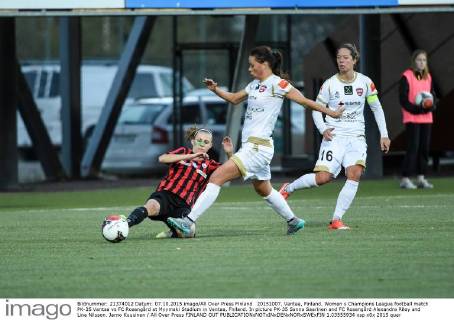 20151007, Vantaa, Finland. Women s Champions League football match PK-35 Vantaa vs FC Roseng?rd at Myymaki Stadium in Vantaa, Fniland. In picture PK-35 Sanna Saarinen and FC Roseng?rd Alexandra Riley and Lina Nilsson. Jarno Kuusinen All Over Press FINLAND OUT 1.03555934