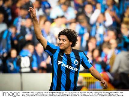 20151018 - BRUGGE;BELGIUM: 18 Club s Felipe Gedoz Da Conceicao celebrates after scoring during the Jupiler Pro League match between Club Brugge and KV Oostende, in Brugge on day 11 of the Belgian soccer Championship. REPORTERS VIRGINIE LEFOUR xxLEFOUR
