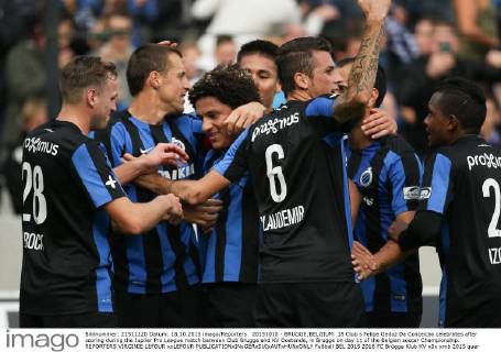 20151018 - BRUGGE;BELGIUM: 18 Club s Felipe Gedoz Da Conceicao celebrates after scoring during the Jupiler Pro League match between Club Brugge and KV Oostende, in Brugge on day 11 of the Belgian soccer Championship. REPORTERS VIRGINIE LEFOUR xxLEFOUR