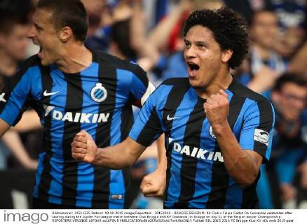 20151018 - BRUGGE;BELGIUM: 18 Club s Felipe Gedoz Da Conceicao celebrates after scoring during the Jupiler Pro League match between Club Brugge and KV Oostende, in Brugge on day 11 of the Belgian soccer Championship. REPORTERS VIRGINIE LEFOUR xxLEFOUR