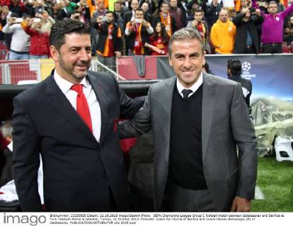 UEFA Champions League Group C football match between Galatasaray and Benfica at Turk Telekom Arena in Istanbul, Turkey, 21 October 2015. Pictured: Coach Rui Vitoria of Benfica and Coach Hamza Hamzaoglu (R) of Galatasaray.
