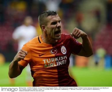 UEFA Champions League Group C football match between Galatasaray and Benfica at Turk Telekom Arena in Istanbul, Turkey, 21 October 2015. Final Score: Galatasaray 2 - Benfica 1 Pictured: Lukas Podolski of Galatasaray .