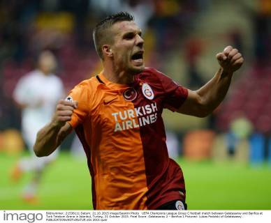 UEFA Champions League Group C football match between Galatasaray and Benfica at Turk Telekom Arena in Istanbul, Turkey, 21 October 2015. Final Score: Galatasaray 2 - Benfica 1 Pictured: Lukas Podolski of Galatasaray .