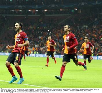 UEFA Champions League Group C football match between Galatasaray and Benfica at Turk Telekom Arena in Istanbul, Turkey, 21 October 2015. Final Score: Galatasaray 2 - Benfica 1 Pictured: Umut Bulut and Selcuk Inan of Galatasaray.