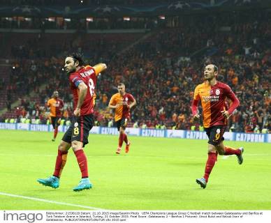 UEFA Champions League Group C football match between Galatasaray and Benfica at Turk Telekom Arena in Istanbul, Turkey, 21 October 2015. Final Score: Galatasaray 2 - Benfica 1 Pictured: Umut Bulut and Selcuk Inan of Galatasaray.