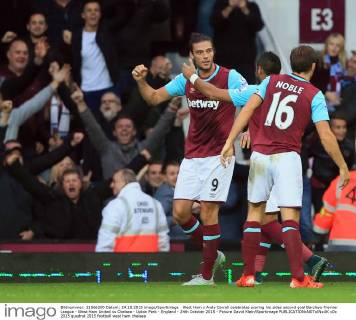 West Ham s Andy Carroll celebrates scoring his sides second goal Barclays Premier League - West Ham United vs Chelsea - Upton Park - England - 24th October 2015 - Picture David Klein Sportimage EDITORIAL USE ONLY. No use with unauthorised audio, video, data, fixture lists, club league logos or live services. Online in-match use limited to 120 images, no video emulation. No use in betting, games or single club league player publications.