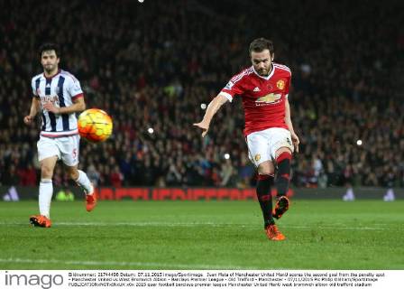 Juan Mata of Manchester United ManU scores the second goal from the penalty spot - Manchester United vs West Bromwich Albion - Barclays Premier League - Old Trafford - Manchester - 07 11 2015 Pic Philip Oldham SportImage EDITORIAL USE ONLY. No use with unauthorised audio, video, data, fixture lists, club league logos or live services. Online in-match use limited to 120 images, no video emulation. No use in betting, games or single club league player publications.