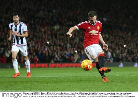 Juan Mata of Manchester United ManU scores the second goal from the penalty spot - Manchester United vs West Bromwich Albion - Barclays Premier League - Old Trafford - Manchester - 07 11 2015 Pic Philip Oldham SportImage EDITORIAL USE ONLY. No use with unauthorised audio, video, data, fixture lists, club league logos or live services. Online in-match use limited to 120 images, no video emulation. No use in betting, games or single club league player publications.