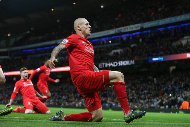 Martin Skrtel of Liverpool celebrates scoring his sides fourth goal - Manchester City vs Liverpool - Barclays Premier League - Etihad Stadium - Manchester - 21 11 2015 Pic Philip Oldham SportImage EDITORIAL USE ONLY. No use with unauthorised audio, video, data, fixture lists, club league logos or live services. Online in-match use limited to 120 images, no video emulation. No use in betting, games or single club league player publications.