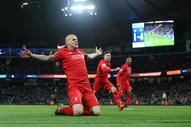 Martin Skrtel of Liverpool celebrates scoring his sides fourth goal - Manchester City vs Liverpool - Barclays Premier League - Etihad Stadium - Manchester - 21 11 2015 Pic Philip Oldham SportImage EDITORIAL USE ONLY. No use with unauthorised audio, video, data, fixture lists, club league logos or live services. Online in-match use limited to 120 images, no video emulation. No use in betting, games or single club league player publications.
