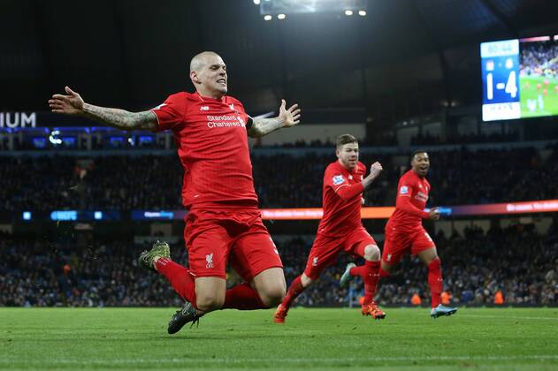 Martin Skrtel of Liverpool celebrates scoring his sides fourth goal - Manchester City vs Liverpool - Barclays Premier League - Etihad Stadium - Manchester - 21 11 2015 Pic Philip Oldham SportImage EDITORIAL USE ONLY. No use with unauthorised audio, video, data, fixture lists, club league logos or live services. Online in-match use limited to 120 images, no video emulation. No use in betting, games or single club league player publications.
