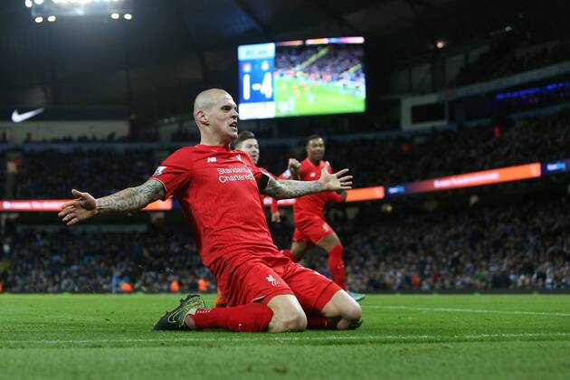 Martin Skrtel of Liverpool celebrates scoring his sides fourth goal - Manchester City vs Liverpool - Barclays Premier League - Etihad Stadium - Manchester - 21 11 2015 Pic Philip Oldham SportImage EDITORIAL USE ONLY. No use with unauthorised audio, video, data, fixture lists, club league logos or live services. Online in-match use limited to 120 images, no video emulation. No use in betting, games or single club league player publications.