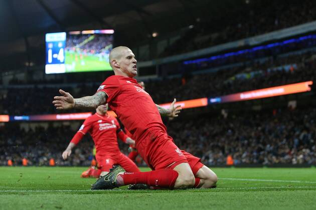 Martin Skrtel of Liverpool celebrates scoring his sides fourth goal - Manchester City vs Liverpool - Barclays Premier League - Etihad Stadium - Manchester - 21 11 2015 Pic Philip Oldham SportImage EDITORIAL USE ONLY. No use with unauthorised audio, video, data, fixture lists, club league logos or live services. Online in-match use limited to 120 images, no video emulation. No use in betting, games or single club league player publications.