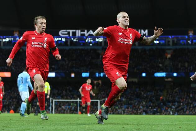 Martin Skrtel of Liverpool celebrates scoring his sides fourth goal - Manchester City vs Liverpool - Barclays Premier League - Etihad Stadium - Manchester - 21 11 2015 Pic Philip Oldham SportImage EDITORIAL USE ONLY. No use with unauthorised audio, video, data, fixture lists, club league logos or live services. Online in-match use limited to 120 images, no video emulation. No use in betting, games or single club league player publications.