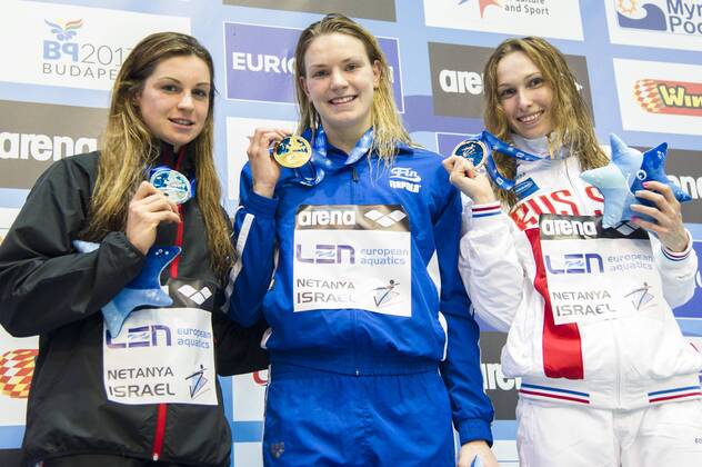 Schwimmen, Kurzbahn EM in Netanya, Siegerehrungen LAUKKANEN Jenna FIN Gold Medal LECLUYSE Fanny BEL Silver Medal IVANEEVA Natalia RUS Bronze Medal 50m Breaststroke Women - Final Netanya, Israel, Wingate Institute LEN European Short Course Swimming Championships Dec. 2 - 6, 2015 Day01 Dec.02 - Schwimmen - Kurzbahn EM 2015 - GiorgioxScala