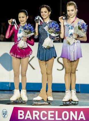 Dec. 12, 2015 - Japan s SATOKO MIYAHARA, Russia s EVGENIA MEDVEDEVA and ELENA RADIONOVA, Silver, Gold and Bronze medallists in the Ladies competition of the 21st ISU Grand Prix of Figure skating Eiskunstlauf Final in Barcelona - The ISU Grand Prix of Figure Skating Final, to be held jointly with the ISU Junior Grand Prix Final, is the crowning event of the Grand Prix Series circuit and the second most important event for the International Skating Union (ISU) after the World Championships. 21st ISU Grand Prix of Figure Skating Final - Day 3 - ZUMAo105