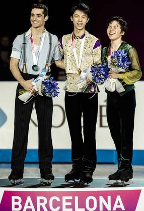 Dec. 12, 2015 - Spain s World champion JAVIER FERNÃƒÂNDEZ, Japan s YUZURU HANYU and SHOMA UNO, Silver, Gold and Bronze medallists in the Men competition of the 21st ISU Grand Prix of Figure skating Eiskunstlauf Final in Barcelona - The ISU Grand Prix of Figure Skating Final, to be held jointly with the ISU Junior Grand Prix Final, is the crowning event of the Grand Prix Series circuit and the second most important event for the International Skating Union (ISU) after the World Championships. 21st ISU Grand Prix of Figure Skating Final - Day 3 - ZUMAo105