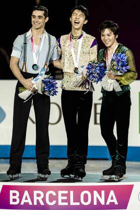Dec. 12, 2015 - Spain s World champion JAVIER FERNÃƒÂNDEZ, Japan s YUZURU HANYU and SHOMA UNO, Silver, Gold and Bronze medallists in the Men competition of the 21st ISU Grand Prix of Figure skating Eiskunstlauf Final in Barcelona - The ISU Grand Prix of Figure Skating Final, to be held jointly with the ISU Junior Grand Prix Final, is the crowning event of the Grand Prix Series circuit and the second most important event for the International Skating Union (ISU) after the World Championships. 21st ISU Grand Prix of Figure Skating Final - Day 3 - ZUMAo105
