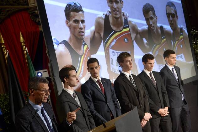 Belgische Sportpreisverleihung in Brüssel - BRUSSELS, BELGIUM: Belgian athletics coach Jacques Borlee, Belgian Robin Vanderbemden, Belgian Dylan Borlee, Belgian Julien Watrin, Belgian Jonathan Borlee and Belgian Kevin Borlee pictured during the award ceremony for the National Trophy of Sports Merit (Trophee National du Merite Sportif - Nationale Trofee voor Sportverdienste 2015), at the Brussels City Hall, Thursday 17 December 2015. DIRKxWAEM  x67732661stx
