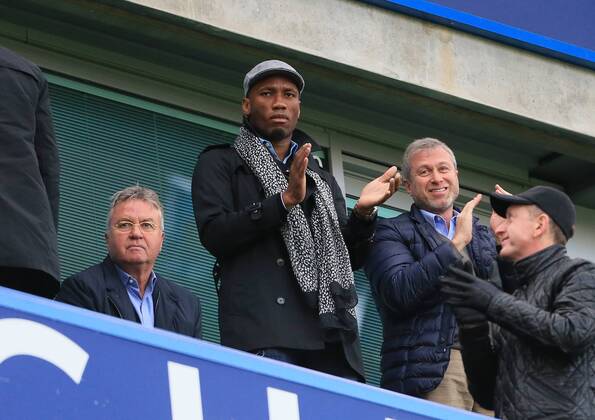 Chelsea s Roman Abramovich celebrates his sides second goal with Didier Drogba and Guus Hiddink Barclays Premier League- Chelsea vs Sunderland - Stamford Bridge - England - 19th December 2015 - Picture David Klein Sportimage EDITORIAL USE ONLY. No use with unauthorised audio, video, data, fixture lists, club league logos or live services. Online in-match use limited to 120 images, no video emulation. No use in betting, games or single club league player publications.