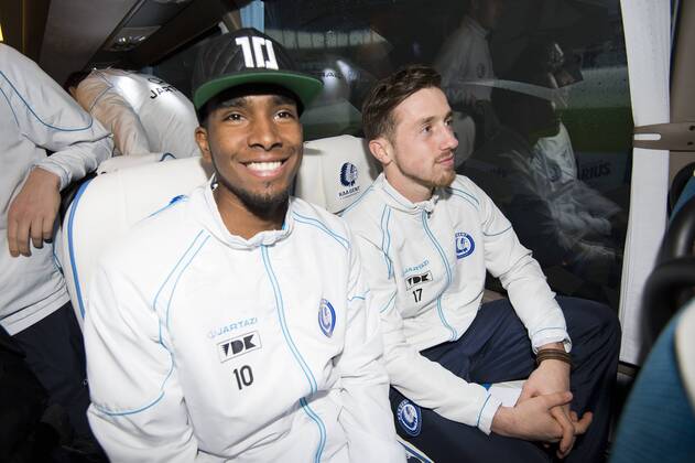 - GENT, BELGIUM: Gent s Renato Neto and Gent s Brecht Dejaegere pictured during the presentation of the new bus of Belgian soccer team KAA Gent, Friday 15 January 2016, in Gent. JASPERxJACOBS x04773834x