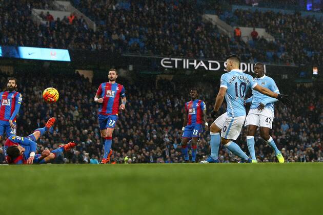 Sergio Aguero of Manchester City scores his sides third goal- Barclay s Premier League - Manchester City vs Crystal Palace - Etihad Stadium - Manchester - 16 01 2016 Pic Philip Oldham SportImage EDITORIAL USE ONLY. No use with unauthorised audio, video, data, fixture lists, club league logos or live services. Online in-match use limited to 120 images, no video emulation. No use in betting, games or single club league player publications.