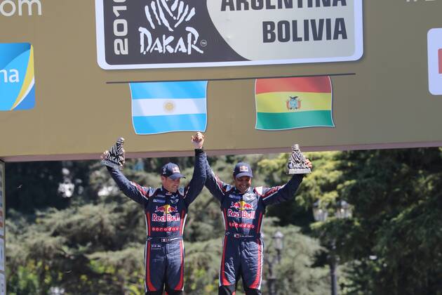 - ROSARIO, ARGENTINA: Qatar driver Nasser Al Attyah and his co-driver Matthieu Baumel celebrate at the end of the final stage of the 2016 Dakar Rally Race from Villa Carlos Paz to Rosario, Argentina, on Saturday 16 January 2016. The 2016 Dakar Rally takes place from 03 till 16 January 2014 in Argentina and Bolivia. WILLYxWEYENS  x04775535x
