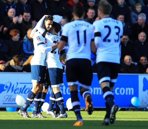 Tottenham s Nacer Chadli celebrates scoring his sides opening goal FA Cup Fourth Round - Colchester United vs Tottenham Hotspur - Weston Homes Community Stadium -England -29th January 2016 - Picture David Klein Sportimage EDITORIAL USE ONLY. No use with unauthorised audio, video, data, fixture lists, club league logos or live services. Online in-match use limited to 120 images, no video emulation. No use in betting, games or single club league player publications.