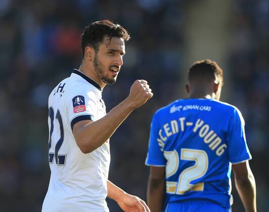 Tottenham s Nacer Chadli celebrates scoring his sides third goal FA Cup Fourth Round - Colchester United vs Tottenham Hotspur - Weston Homes Community Stadium -England -29th January 2016 - Picture David Klein Sportimage EDITORIAL USE ONLY. No use with unauthorised audio, video, data, fixture lists, club league logos or live services. Online in-match use limited to 120 images, no video emulation. No use in betting, games or single club league player publications.