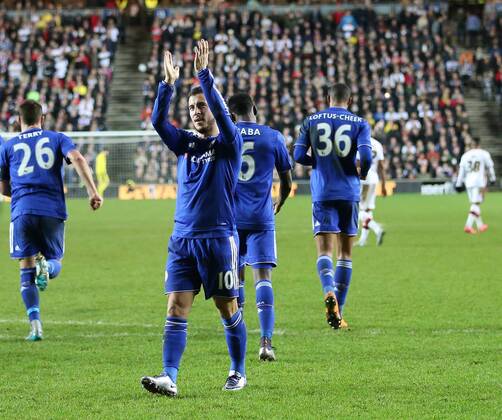 Chelsea s Eden Hazard celebrates scoring his sides fourth goal from the penalty spot FA Cup Fourth Round - Milton Keynes Dons vs Chelsea - Stadium MK - England - 31st January 2016 - Picture David Klein Sportimage EDITORIAL USE ONLY. No use with unauthorised audio, video, data, fixture lists, club league logos or live services. Online in-match use limited to 120 images, no video emulation. No use in betting, games or single club league player publications.