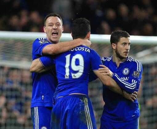 Chelsea s Diego Costa celebrates scoring his sides opening goal with John Terry Barclays Premier League - Chelsea vs Manchester United ManU s - Stamford Bridge - England - 7th February 2016 - Picture David Klein Sportimage EDITORIAL USE ONLY. No use with unauthorised audio, video, data, fixture lists, club league logos or live services. Online in-match use limited to 120 images, no video emulation. No use in betting, games or single club league player publications.