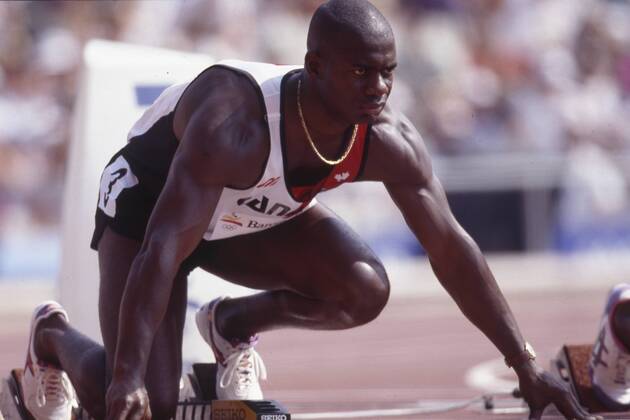 Ben JOHNSON, Leichtathlet, Sprinter, hockt im Startblock, Aktion, 100m der Herren bei den Olympischen Sommerspielen 1992 in Barcelona, 01.08.1992. Â