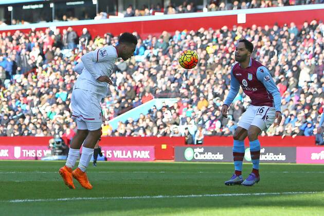 Daniel Sturridge of Liverpool scores the opening goal - Barclay s Premier League - Aston Villa vs Liverpool - Villa Park - Birmingham - 14 02 2016 Pic Philip Oldham SportImage EDITORIAL USE ONLY. No use with unauthorised audio, video, data, fixture lists, club league logos or live services. Online in-match use limited to 120 images, no video emulation. No use in betting, games or single club league player publications.
