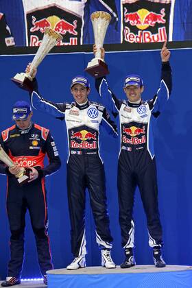 Motorsport, WRC, Rallye Schweden, Siegerehrung Julien Ingrassia (F), Sebastien Ogier (F) WRC Motorsport Rallye WM Rally Sweden 2016 Rally Sweden 2016