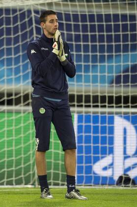 Wolfsburg s goalkeeper Koen Casteels pictured in action during a training session of German soccer club VfL Wolfsburg, Tuesday 16 February 2016 in Gent. Wolfsburg is preparing for the first leg of the 1 8 finals of the UEFA Champions League competition against Belgian team KAA Gent tomorrow. JASPERxJACOBS x04794180x