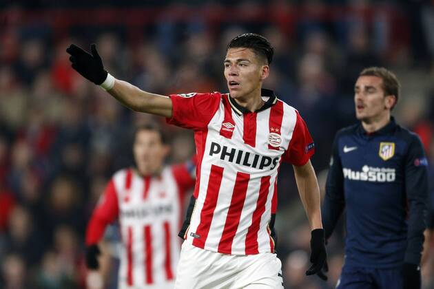 Hector Moreno of PSV during the UEFA Champions League Round of 16, First leg match between PSV Eindhoven and Atletico Madrid on February 24, 2016 at the Philips stadium in Eindhoven, The Netherlands. PSV v Atletico Madrid UEFA Champions League 2015 2016 xVIxJeroenxPutmansxIVx 5038053