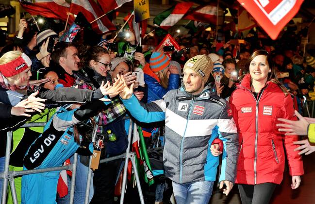 ALPINE SKIING - FIS WC Hinterstoder HINTERSTODER,AUSTRIA,27.FEB.16 - ALPINE SKIING - FIS World Cup, Super G, men. Image shows Marcel Hirscher (AUT), award ceremony. GEPAxpictures xM.xOberlaender